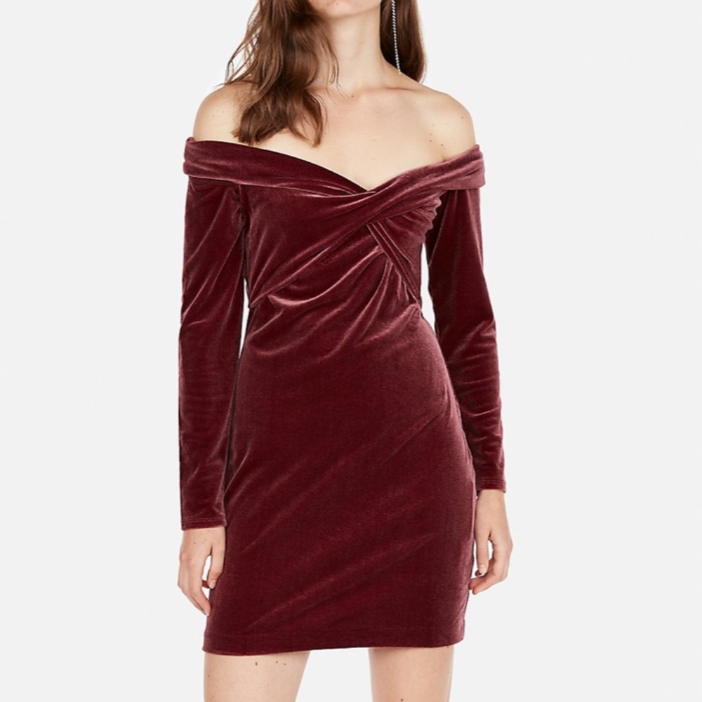 BNWOT Express Off the Shoulder Velvet Wine Dress